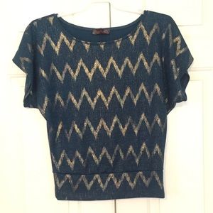 Medium Body Central Blouse. Greenish Teal/Gold